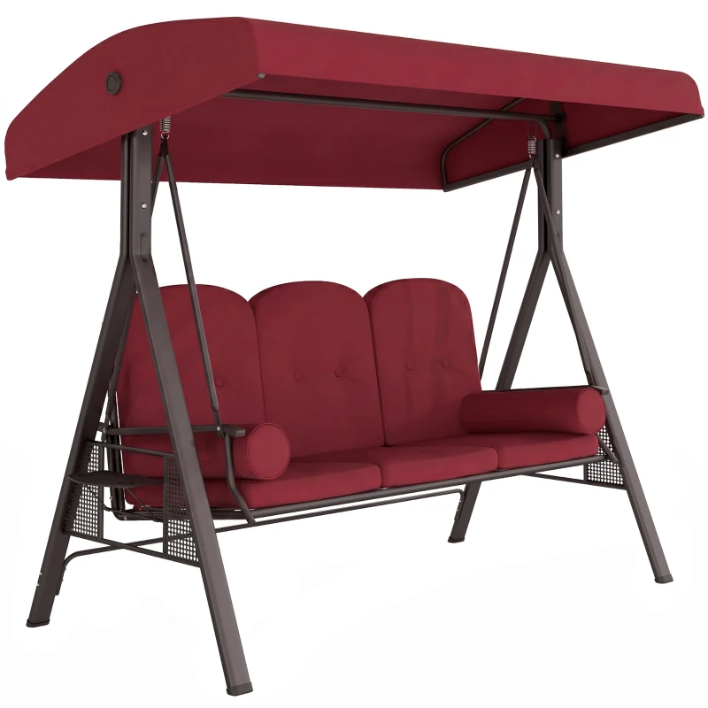 Outsunny Outdoor Patio 3-Person Steel Canopy Cushioned Seat Bench Swing with Included Side Trays & Padded Comfort, Wine Red
