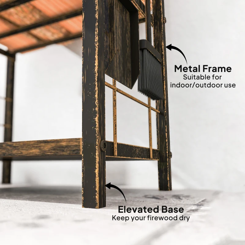 Outsunny 2-Tier Outdoor Firewood Rack with 4 Fireplace Tools, 220 lbs Capacity Metal Log Holder for Fireplace, Coffee Brown