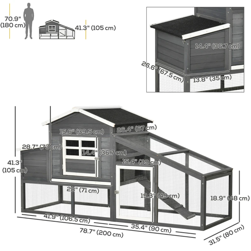 PawHut 79" Wooden Chicken Coop, Outdoor Hen House, Poultry Habitat with Removable Tray, Nesting Box, Run, Ramp, Grey