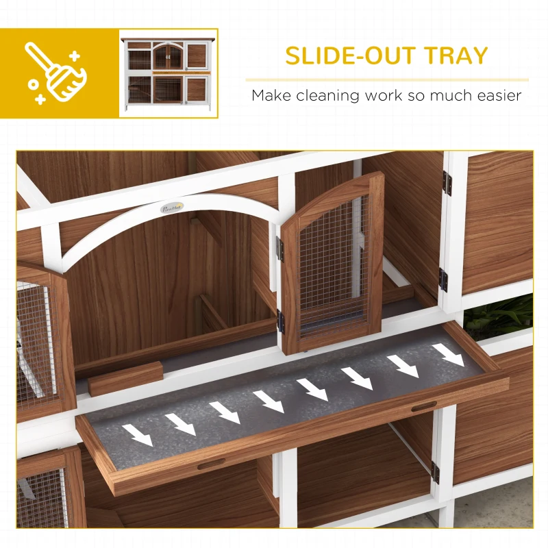 PawHut Two-Tier Wooden Rabbit Hutch with Openable Roof, Slide-Out Tray