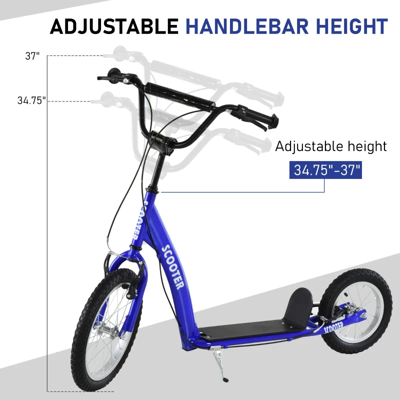 Aosom Youth Scooter Kick Scooter for Kids 5+ with Adjustable Handlebar 16" Front and 12" Rear Dual Brakes Inflatable Wheels, Blue