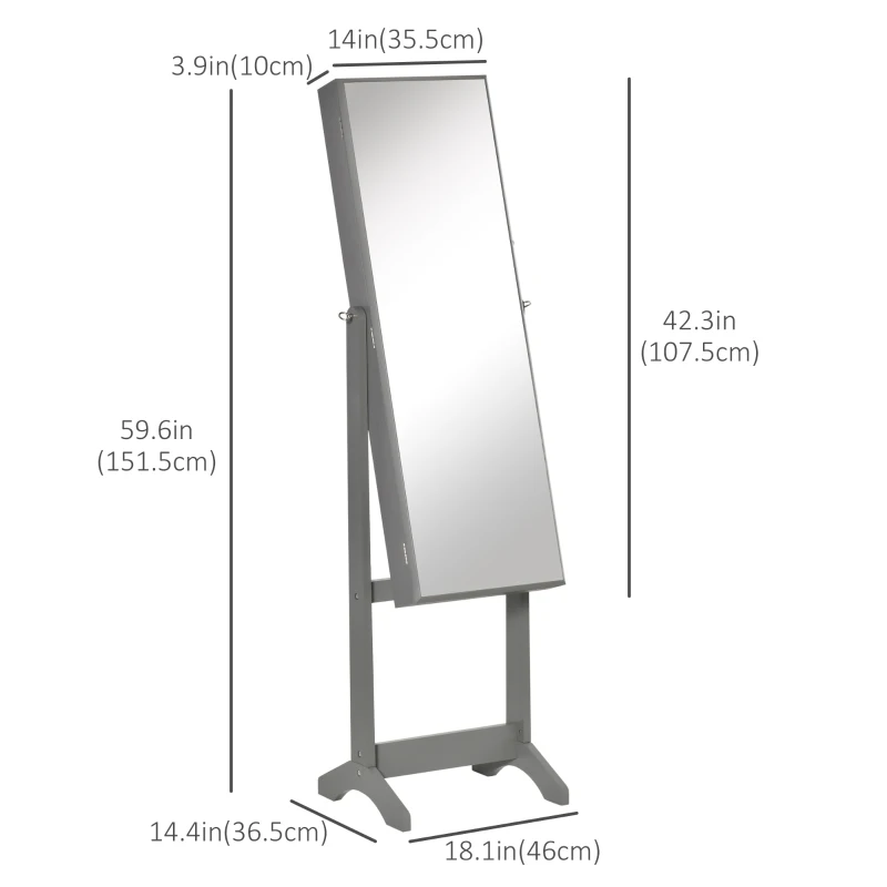 HOMCOM Mirror Jewelry Cabinet Armoire, Lockable Jewelry Organizer with Full-Length Mirror, 3 Angle Adjustable, Grey