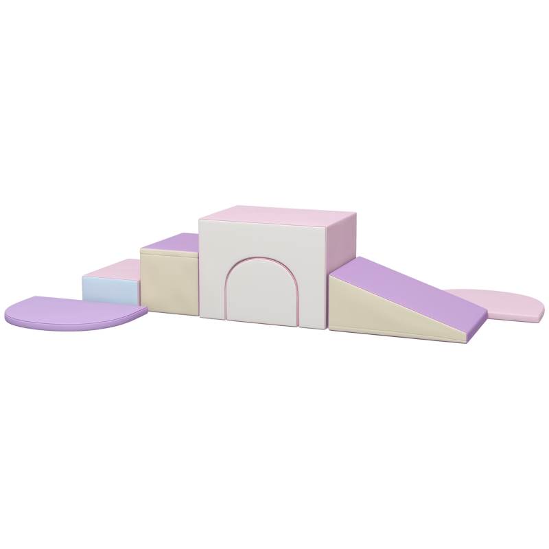 Qaba 7 Piece Indoor Soft Play for Toddlers Climb and Crawl - Pink/ Purple