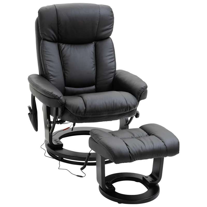 HOMCOM PU Leather Massage Sofa Recliner Chair with Ottoman Heated 10 Point Vibration Swiveling Armchair, Black