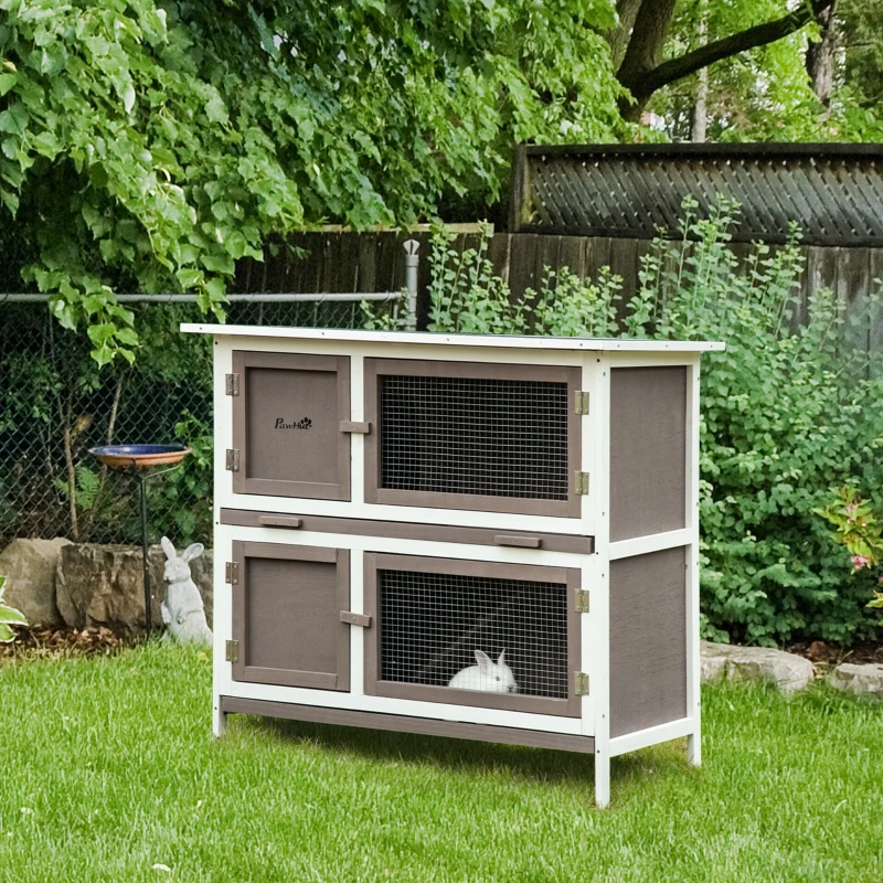 PawHut Wooden Bunny Rabbit Hutch, Small Animal Habitat with Ramp, Removable Tray & Weatherproof Roof, Indoor/Outdoor, Brown