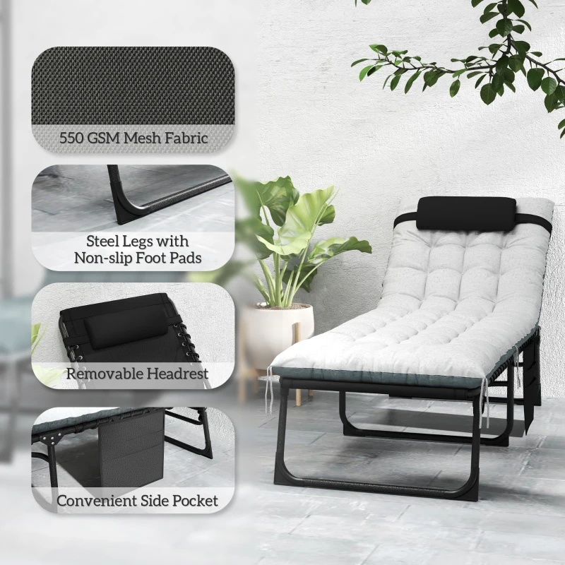 Outsunny Outdoor Lounge Chair Set of 2, Folding Chaise Lounge Tanning Chair with Cushion, Side Pocket, Black/Grey