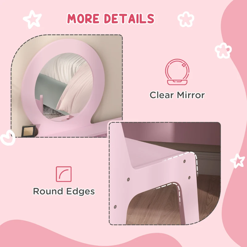 Qaba Kids Vanity Set, Children Makeup Table with Mirror, Stool and Storage Drawers, for Ages 3-8, Pink