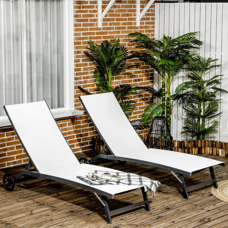 Outsunny Outdoor Lounge Chair Set of 2, Tanning Chair with Wheels, Breathable Mesh for Patio, Backyard, Poolside, Cream White