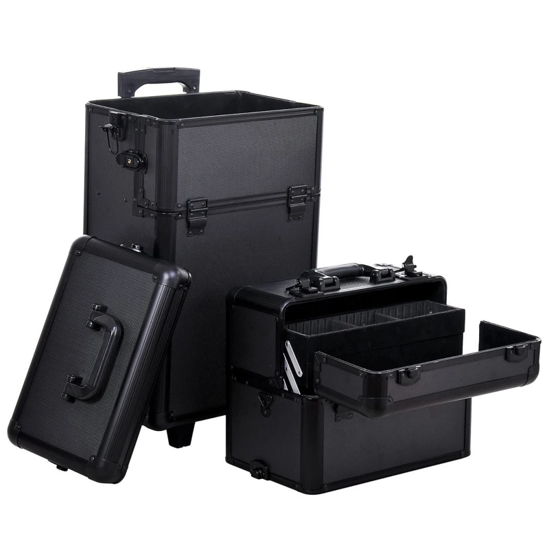 HOMCOM Pro 3 in 1 Portable Aluminum Makeup Train Cases Rolling Cosmetic Organizer Box, Black (Black)
