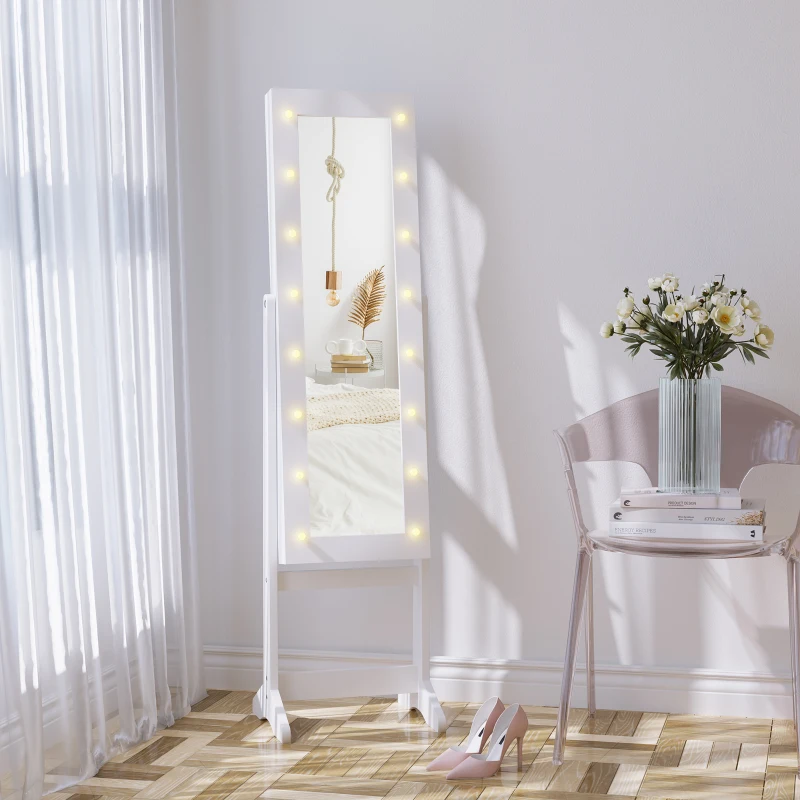 HOMCOM Free Standing Armoire Organizer, Lighted Mirrored Jewelry Cabinet w/ Angle Adjustable & 16 LED Lights Warm White