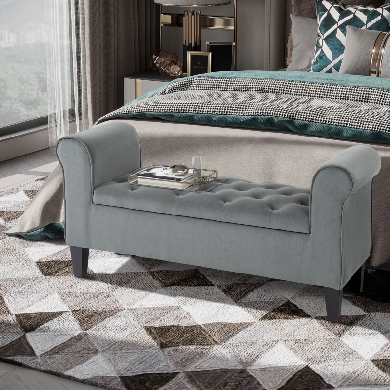 HOMCOM Button-Tufted Storage Ottoman Bench, Upholstered Bench with Rolled Armrests for Living Room or Hallway, Gray