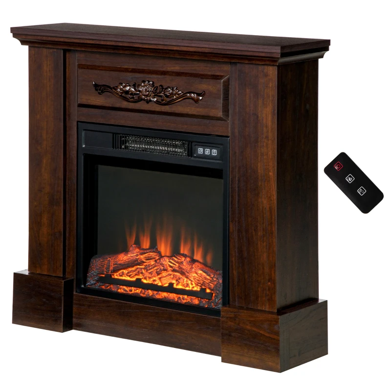 HOMCOM 32" Electric Fireplace with Mantel, Freestanding Heater with LED Log Flame, Overheat Protection and Remote Control, 1400W, Brown