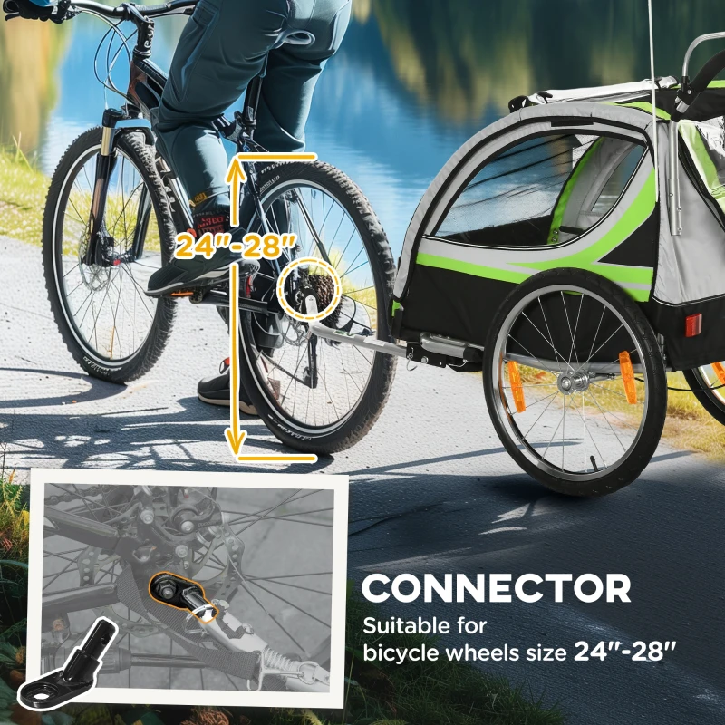 Aosom 2 Seat Bike Trailer for Kids 2-in-1 Double Baby Stroller with Handbrake, Rubber Wheels, 5 Point Harness, Waterproof Cover, Storage Bag, Reflectors, Green