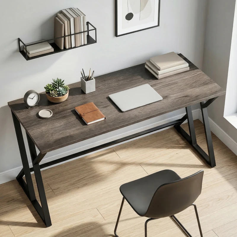 HOMCOM 55 Inch Computer Desk, Industrial Writing Desk with Z-Shaped Metal Leg, Study Table for Home Office, Distressed Gray