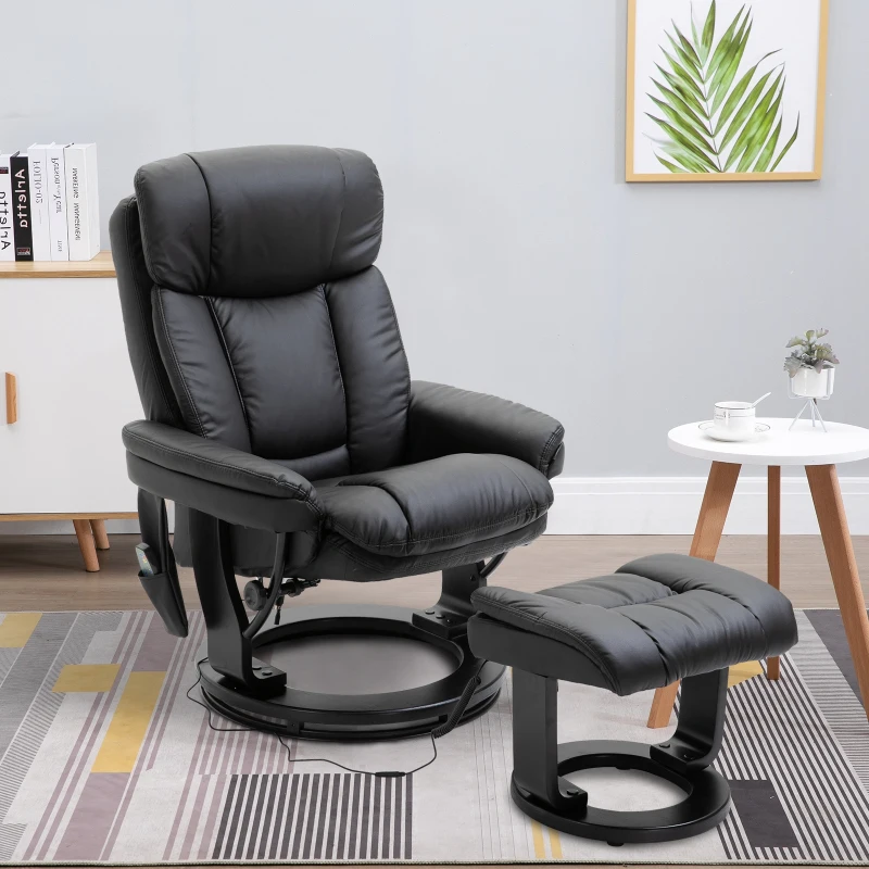 HOMCOM PU Leather Massage Sofa Recliner Chair with Ottoman Heated 10 Point Vibration Swiveling Armchair, Black