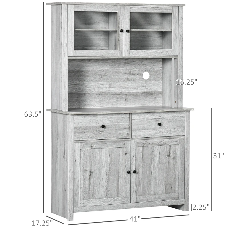 HOMCOM 63.5" Kitchen Buffet with Hutch, Pantry Storage Cabinet with 4 Shelves, Drawers, Framed Glass Doors, Open Microwave Countertop, Ash Grey