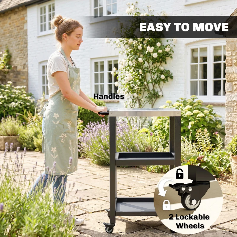 Outsunny Outdoor Grill Cart with Stainless Steel Tabletop, 2 Shelves, Rolling Prep Dining Cart with Lockable Wheels