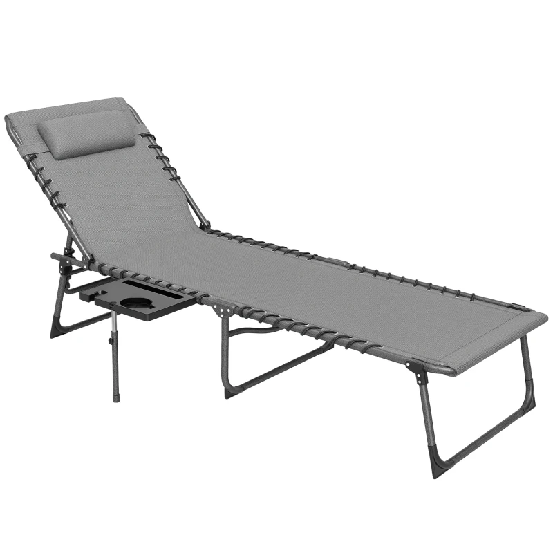 Outsunny Folding Outdoor Chaise Lounge Chair Tanning Chair with 5-Level Adjustable Back, Side Table, Pillow, Pocket, Gray