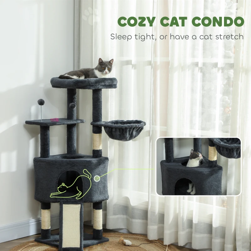 PawHut 47 Inch Cat Tree, Cat Tower for Indoor Cats with Cozy Condo, Bed, Toy Balls, Sisal Scratching Posts, Hammock, Dark Grey