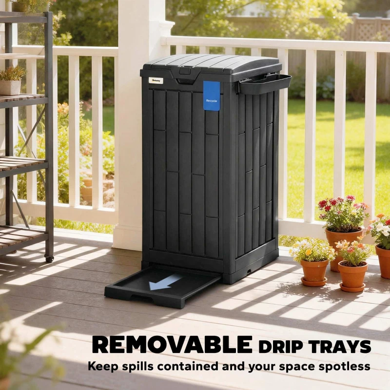 Outsunny 29 Gallon Outdoor Garbage Bin with Dual Lid, Plastic Outdoor Waste Trash Can with Side Holder and Drip Tray, Black