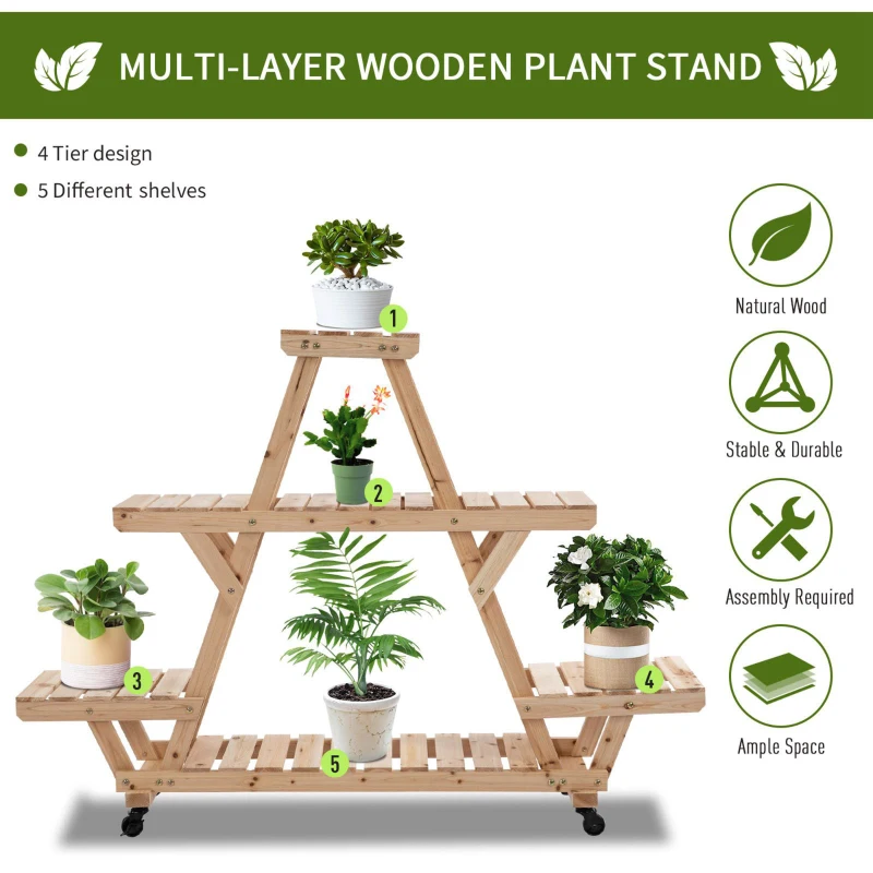 Outsunny Outdoor Plant Stand w/ Wheels and Brakes, Mobile Wood Plant Shelf Flower Stand for Garden Balcony Backyard Corner Living Room, Natural