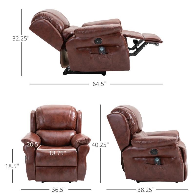 HOMCOM Vibration Massage Recliner Chair for Living Room with Heat,   Single Sofa, PU Leather Power Reclining Chair, Home Theater Seating with Footrest, Brown