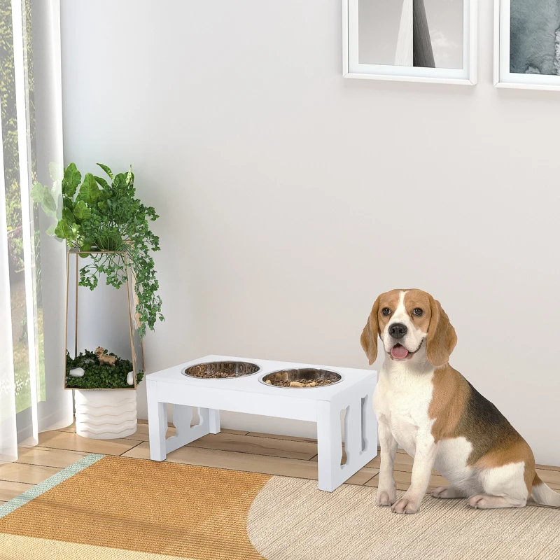 PawHut 23" Modern Decorative Raised Dog Bowls, Wooden Heavy Duty Pet Food and Water Bowl, Elevated Feeding Station, White