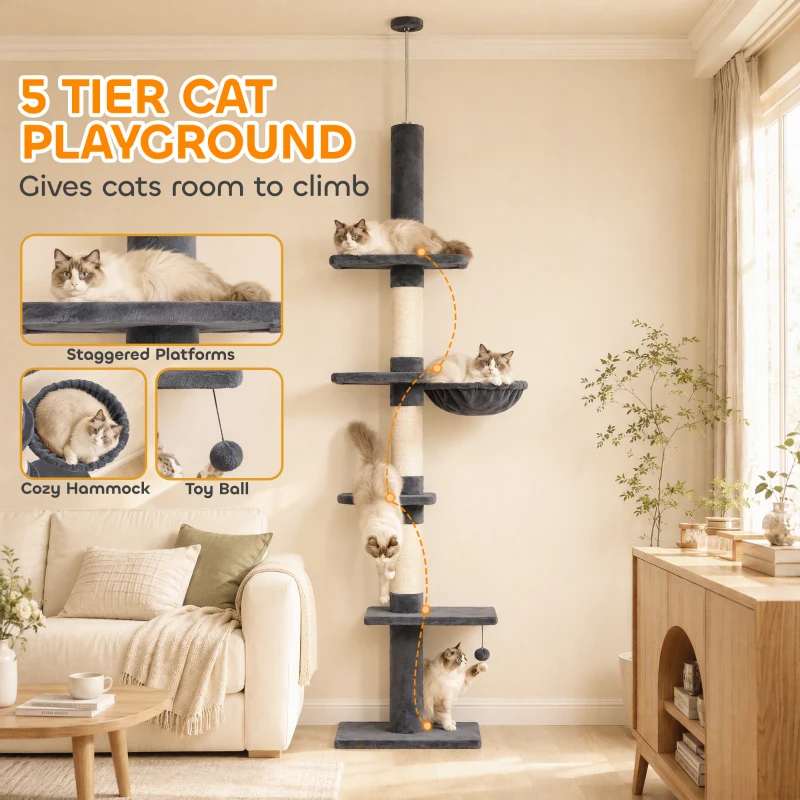 PawHut Floor-to-Ceiling Cat Tree 88.6"-100.4" Adjustable, 5-Level Cat Tower with Hammock, 3 Sisal Scratching Posts, Toy Ball
