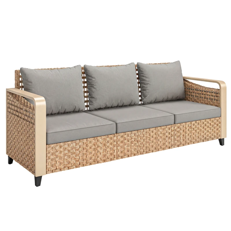 Outsunny Rattan Wicker Sofa 3-Seater Outdoor Patio Sofa with Cushions for Garden Backyard Porch Gray