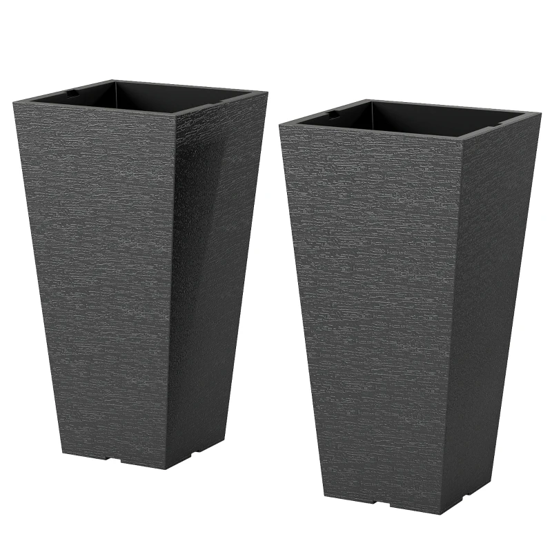 Outsunny 23" Tall Planters Set of 2, Indoor Outdoor Stackable Taper Planters with Marble Finish and Drainage Holes, Black