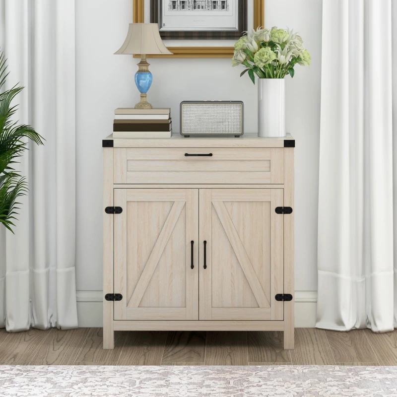 HOMCOM Modern Farmhouse Sideboard with Storage, Buffet Cabinet with 2 Barn Doors and Drawer for Dining Room, White Oak