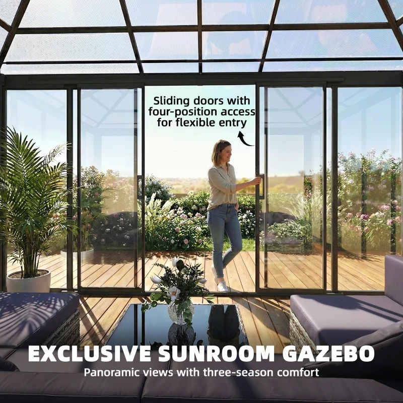 Outsunny 10' x 14' Outdoor Hardtop Gazebo, Aluminum Sun Room Solarium with Sliding Doors, Double Roof Patio Gazebo, Dark Grey