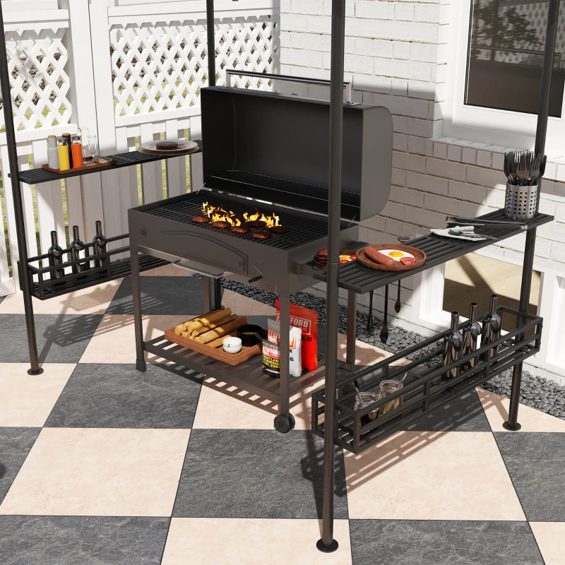Outsunny 8' x 5' BBQ Grill Gazebo, 2-Tier Outdoor BBQ Gazebo with 2 Side Shelves, Storage Baskets, Ceiling Hook, Dark Brown