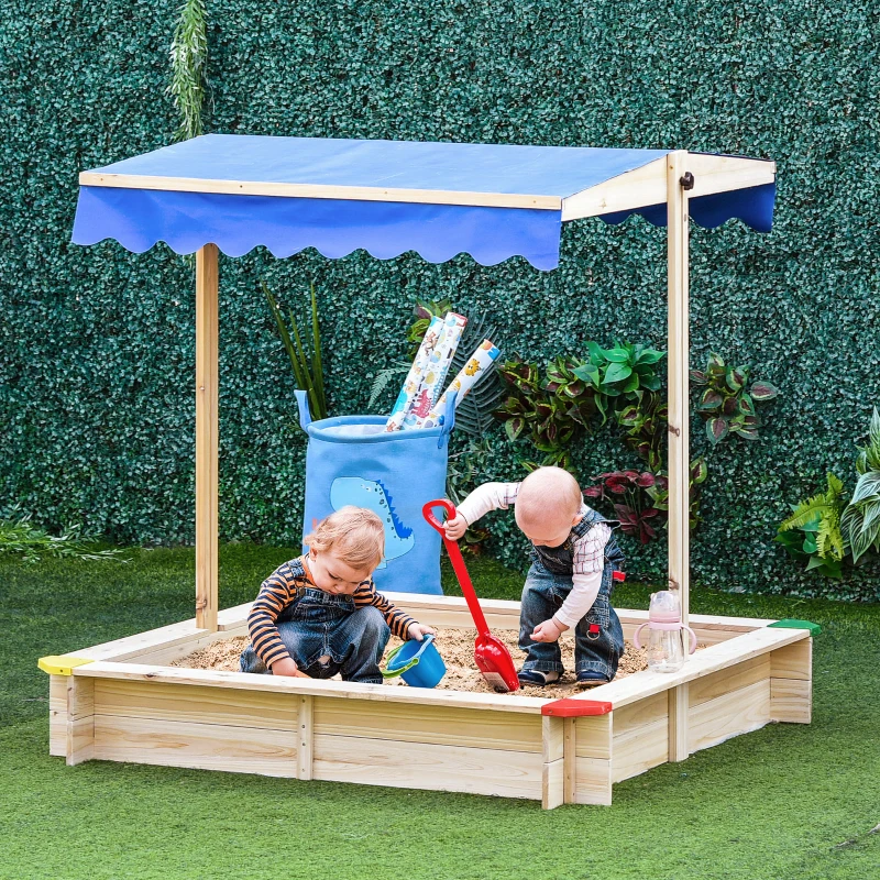 Outsunny Wooden Sandbox w/ Adjustable Canopy, Children Outdoor Playset Weather Resistant 47" L x 47" W x 47" H, Natural & Blue