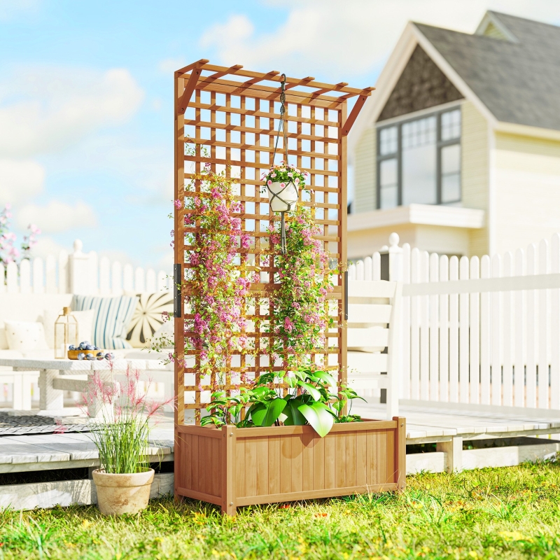 Outsunny Wood Planter with Trellis for Vine Climbing, Raised Garden Bed, Privacy Screen for Backyard, Patio, Deck, Yellow