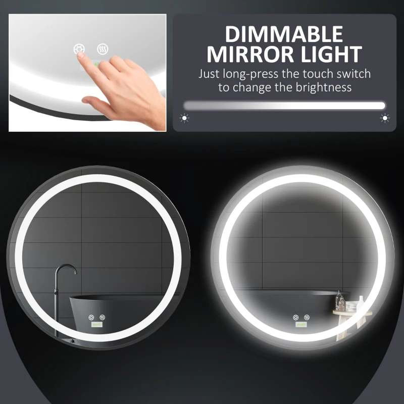 kleankin 28-Inch Lighted Bathroom Mirror for Wall, Dimmable LED Mirror with Memory Function, Round Mirror for Wall Decor