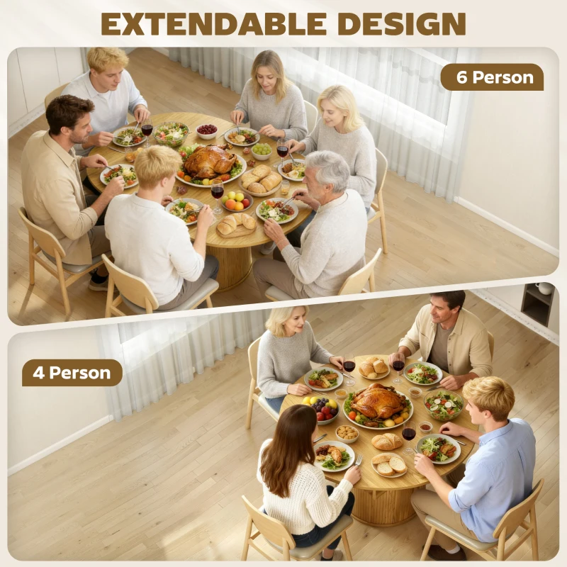 HOMCOM Extendable Dining Table for 6, 60" Farmhouse Kitchen Table with 2-Tier Storage Shelf and Fluted Sliding Doors, Natural