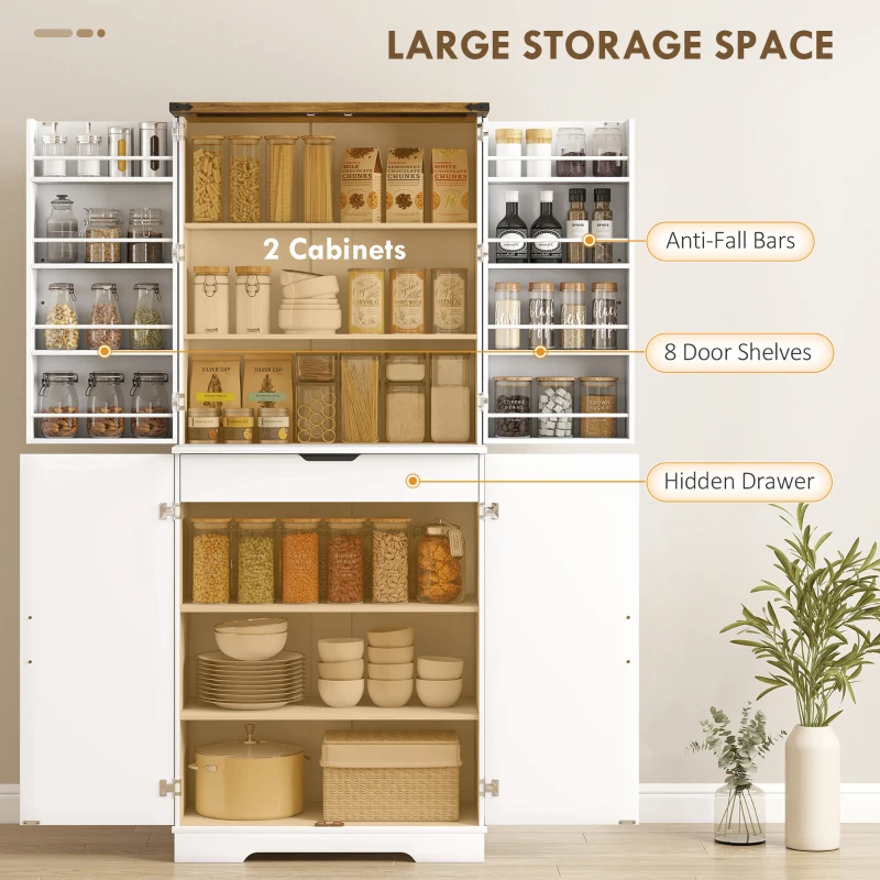 HOMCOM 72" Kitchen Pantry Cabinet, Farmhouse Storage Cabinet with 4 Doors, Drawer, 8 Door Shelves and Adjustable Shelf, White