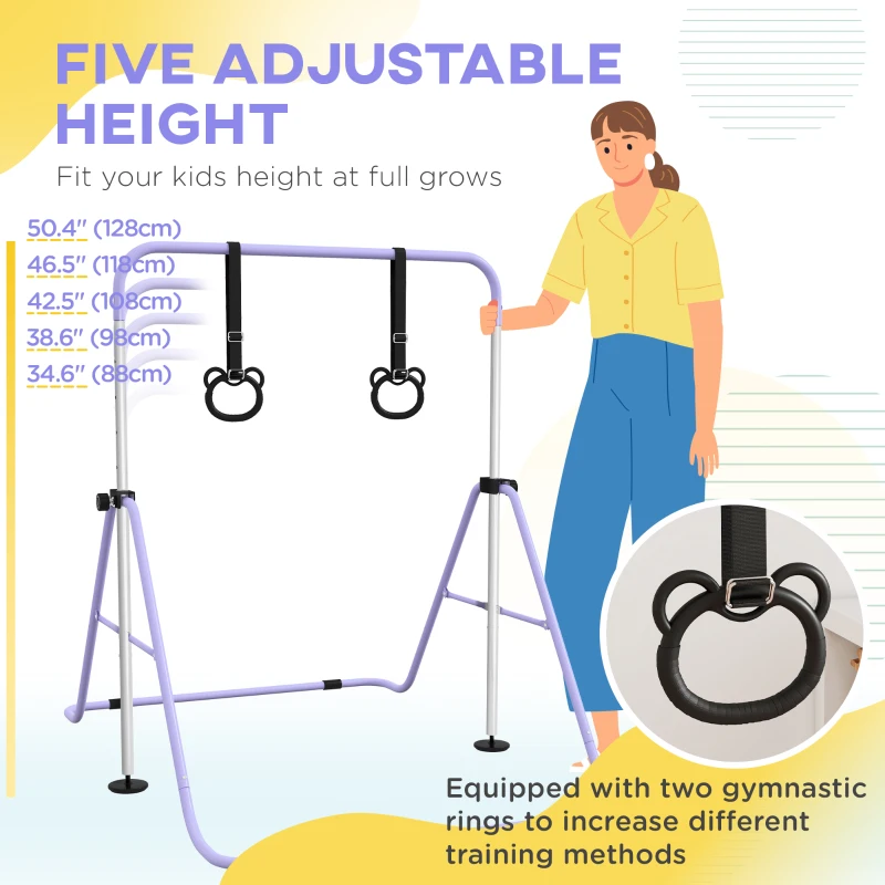 Qaba Kids Gymnastics Bar, Adjustable Height Folding Horizontal Bar with Gymnastics Rings, Non-slip Rubber Floor Rings, Purple