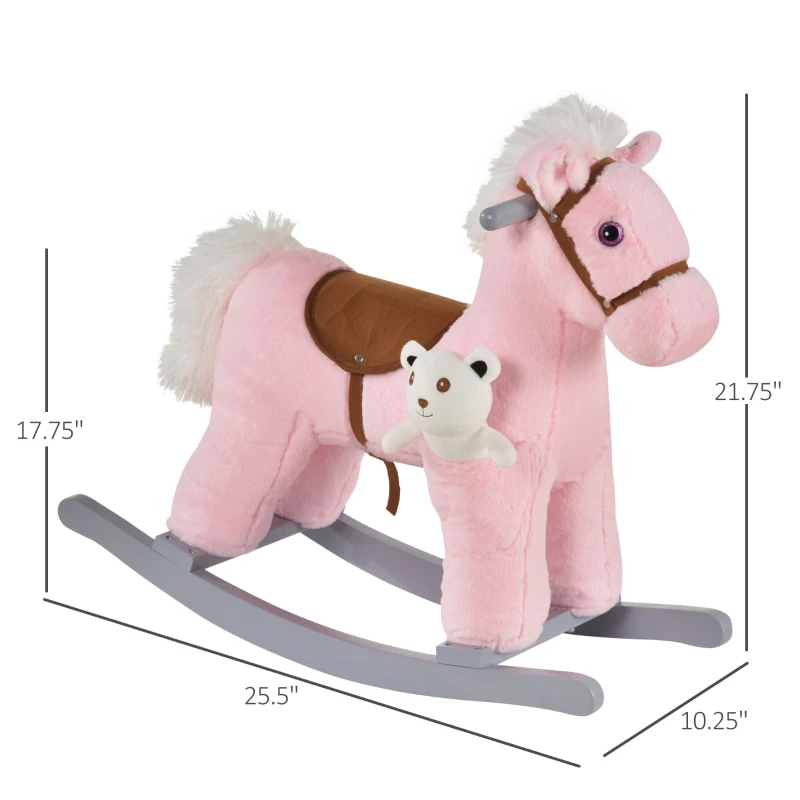 Qaba Kids Rocking Horse with Bear Toy, Plush Animal Rocker with Fun Realistic Sounds for Toddler 18-36 Months, Pink
