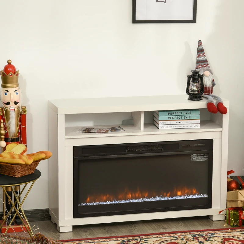 HOMCOM 43.75" W x 31.5" H Electric Fireplace Mantel TV Stand, Media Console Center Cabinet with Two Shelves and Remote Control, White