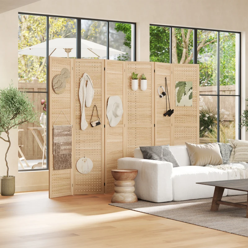 HOMCOM 6 Panel Room Divider w/ Hook Holes, Folding Privacy Screen, Natural