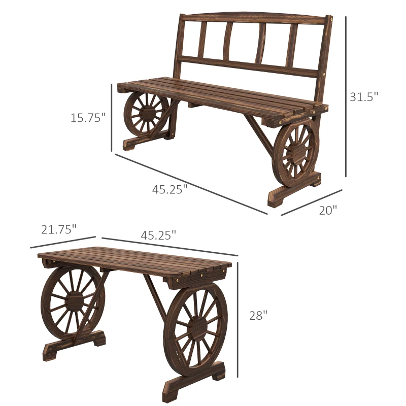 Outsunny Patio Table and Chairs for 4 People, Wagon Wheel Design, Outdoor Furniture Set for Backyard, Garden, Carbonized