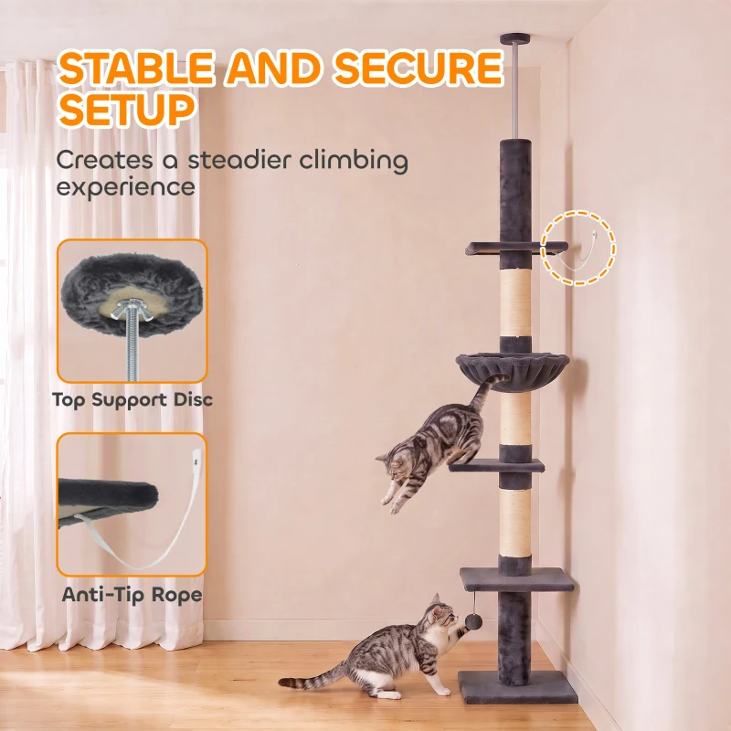 PawHut Floor-to-Ceiling Cat Tree 88.6"-100.4" Adjustable, 5-Level Cat Tower with Hammock, 3 Sisal Scratching Posts, Toy Ball
