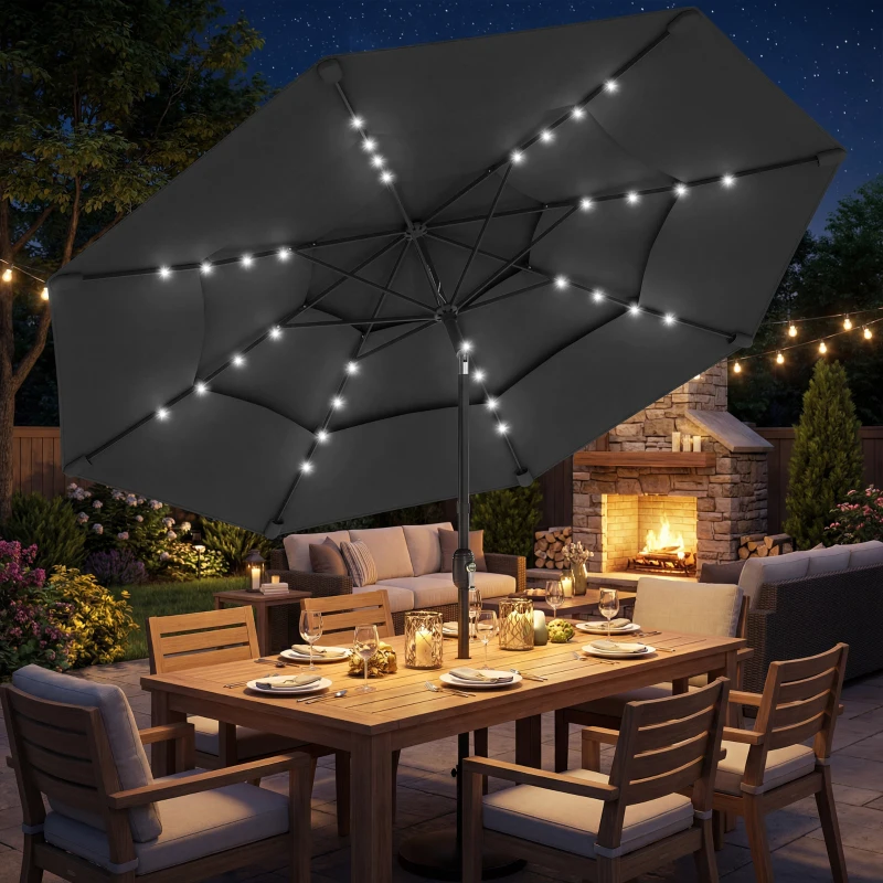 Outsunny 9.7 ft Outdoor Patio Umbrella with Solar LED Lights, 3 Tier Outdoor Table Umbrella with Tilt, Crank, Black