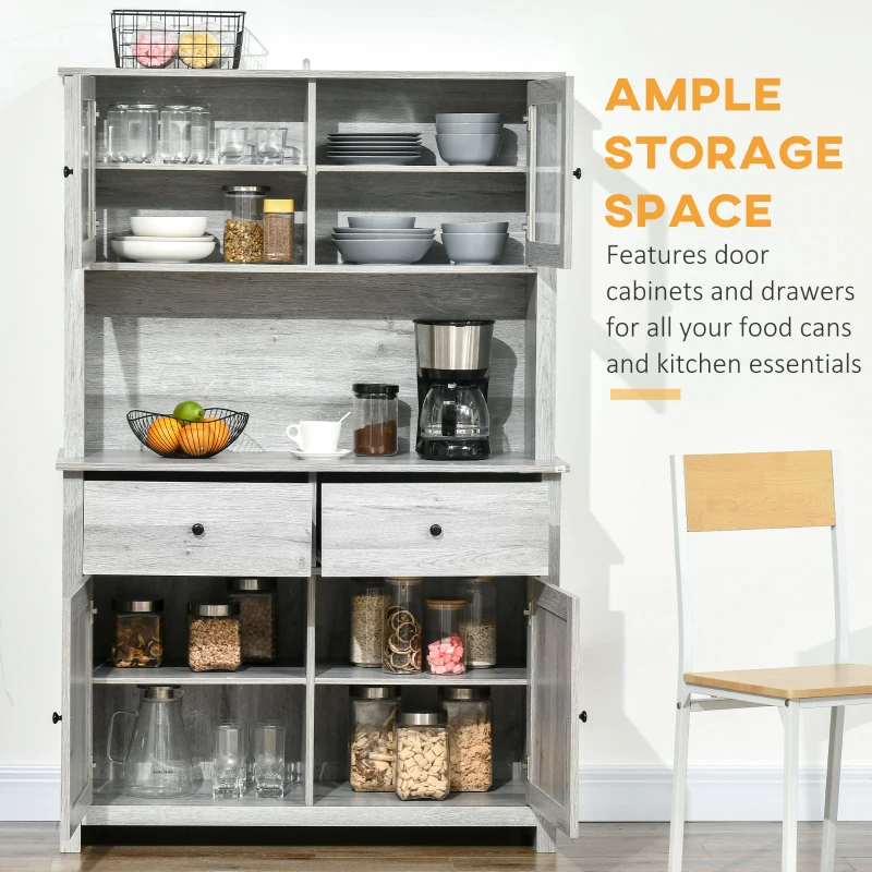 HOMCOM 63.5" Kitchen Buffet with Hutch, Pantry Storage Cabinet with 4 Shelves, Drawers, Framed Glass Doors, Open Microwave Countertop, Ash Grey