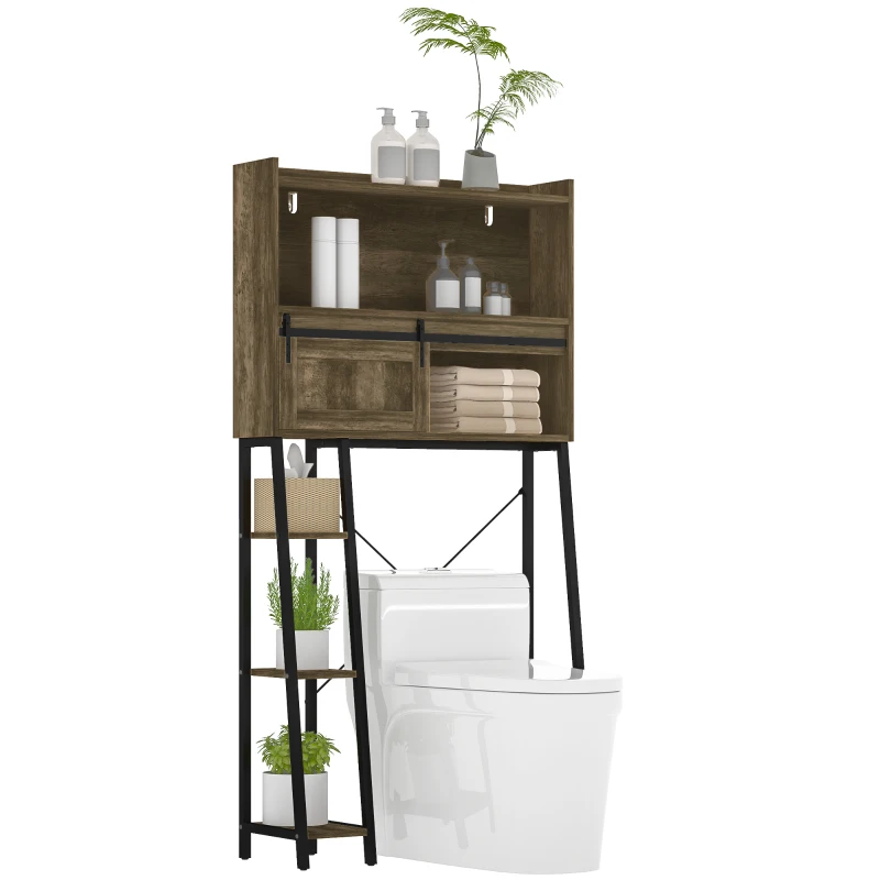 HOMCOM Over the Toilet Storage Cabinet, Over Toilet Bathroom Organizer with 3 Compartments, 4 Open Shelves, Distressed Brown