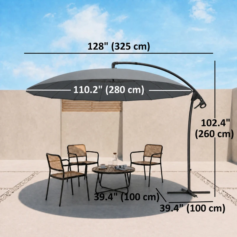 Outsunny 9FT Cantilever Umbrella with 16 Fibreglass Ribs, Offset Hanging Umbrella, Patio Umbrella with Crank and Cross Base, Grey