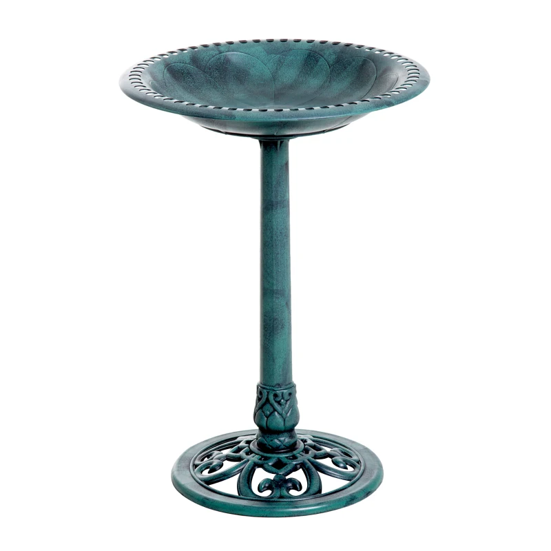Outsunny 27'' Bird Bath Outdoor Resin Decor with Fleur De Lis Pattern, Time-Worn Finish