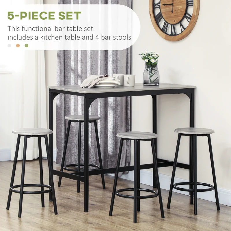 HOMCOM 5-Piece Bar Table and Chairs Set, 43.25" Industrial Pub Table with 4 Stools, Counter Height Kitchen Table Set, Gray